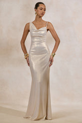 Galaxy Shimmer | Champagne Bias Cut Cowl Front Maxi Dress