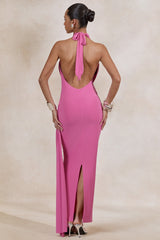 Maude | Pink Plunge-Neck Ruched Maxi Dress With Sash