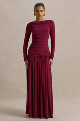 Aniyah | Burgundy Slashed-Neck Maxi Dress With Ruched Detailing