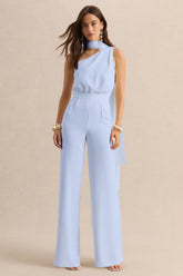 Gliselle | Powder Blue Asymmetric-Neck Jumpsuit With Scarf-Detail