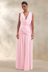 Amelisse | Light Pink Plunge-Neck Maxi Dress With Ruched-Detailing