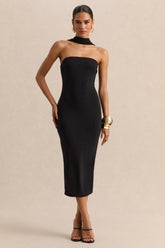 Amariah | Black Bandeau Midi Dress With Scarf-Detail