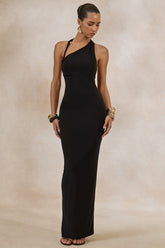 Delisse | Black Asymmetric-Neck Maxi Dress