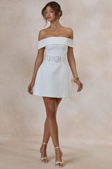 Cilly | White Bardot-Neck Mini-Dress With Belt-Detail