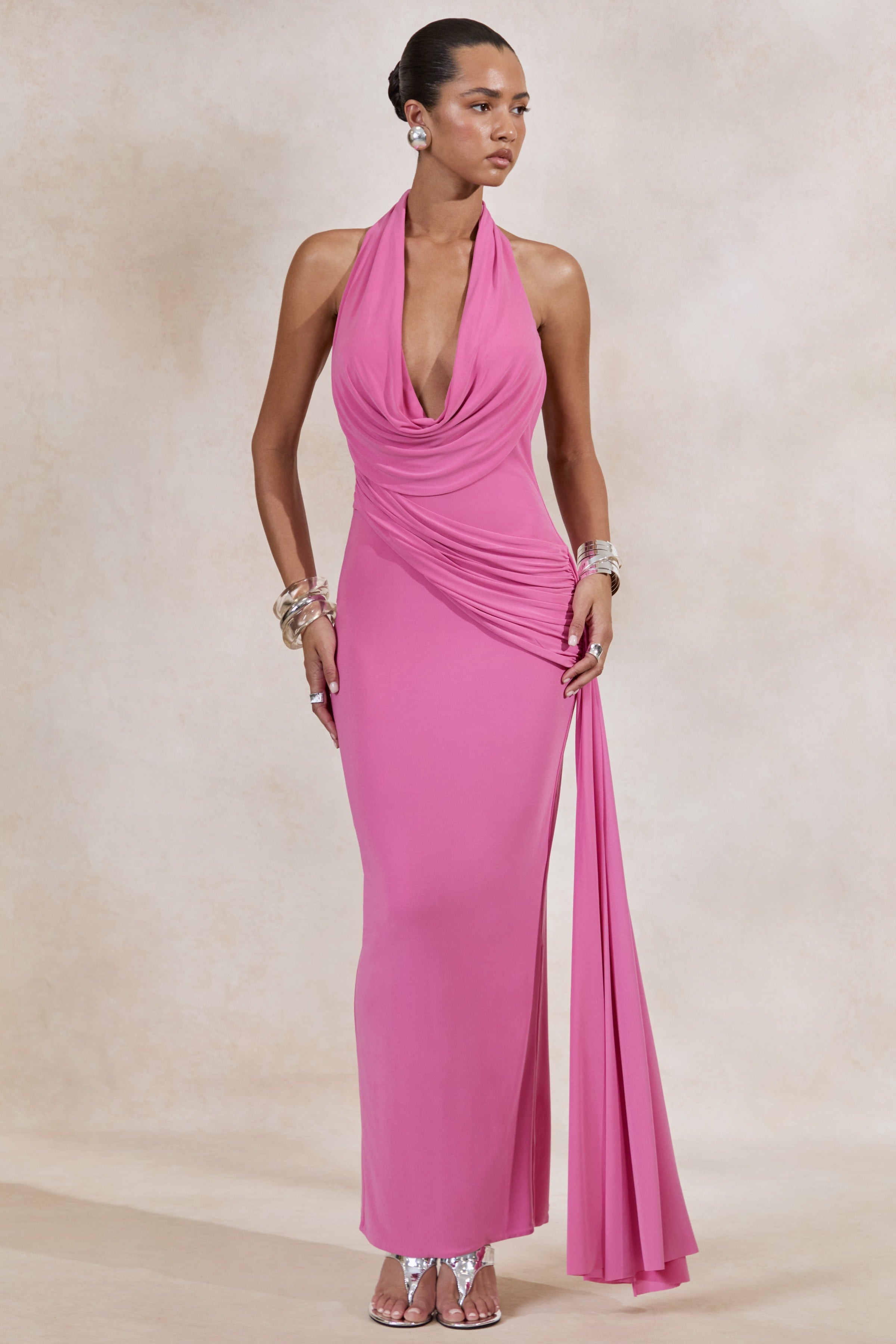 Maude | Pink Plunge-Neck Ruched Maxi Dress With Sash