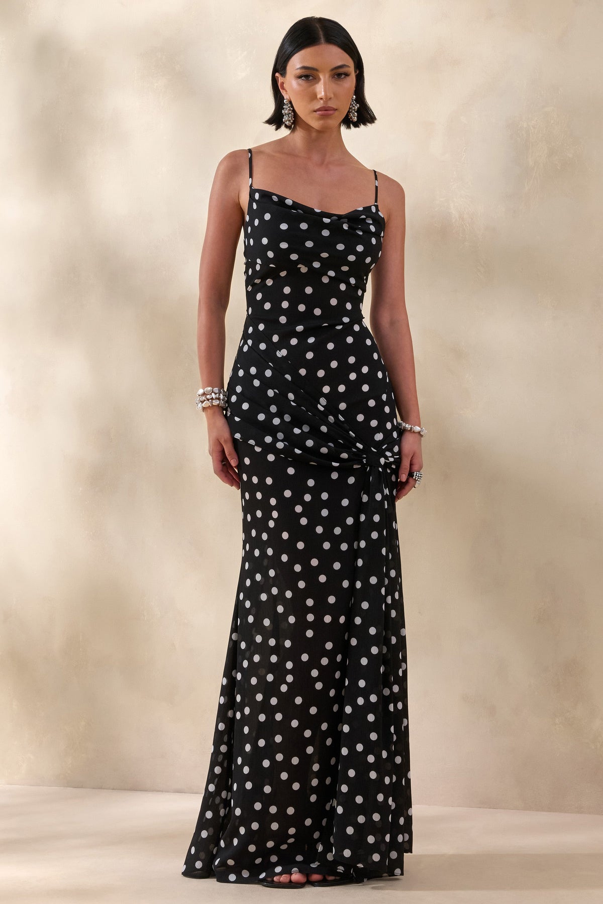 Virtue | Black & White Sheer Polka Dot Cowl-Neck Fishtail Maxi Dress With Split
