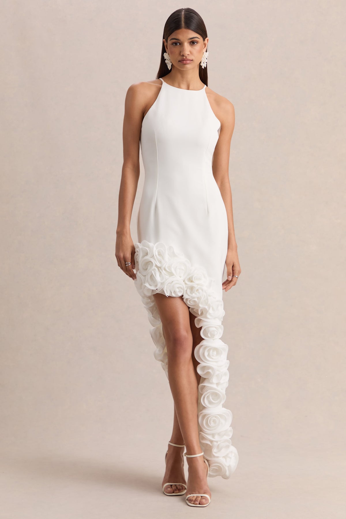 Indira | White Halter-Neck Maxi Dress With Asymmetric-Floral Hem