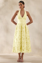 Maribel | Lemon Lace Plunge-Neck Midi Dress