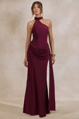 Aevina | Burgundy Satin Asymmetric-Neck Maxi Dress With Scarf-Detail
