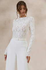 Romancea | White Lace High-Neck Jumpsuit With Belt Detail