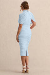 Aderyn | Light Blue High-Neck Maternity Midi Dress With Sheer Cape Sleeves