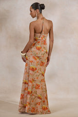 Flaviah | Orange Floral Print Mesh Maxi Skirt